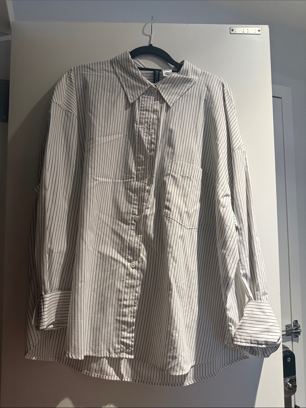 Women's Striped Button-Up Shirt - White with Black Pinstripes